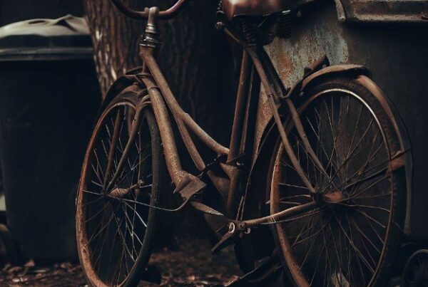 stary rower przy śmieciach