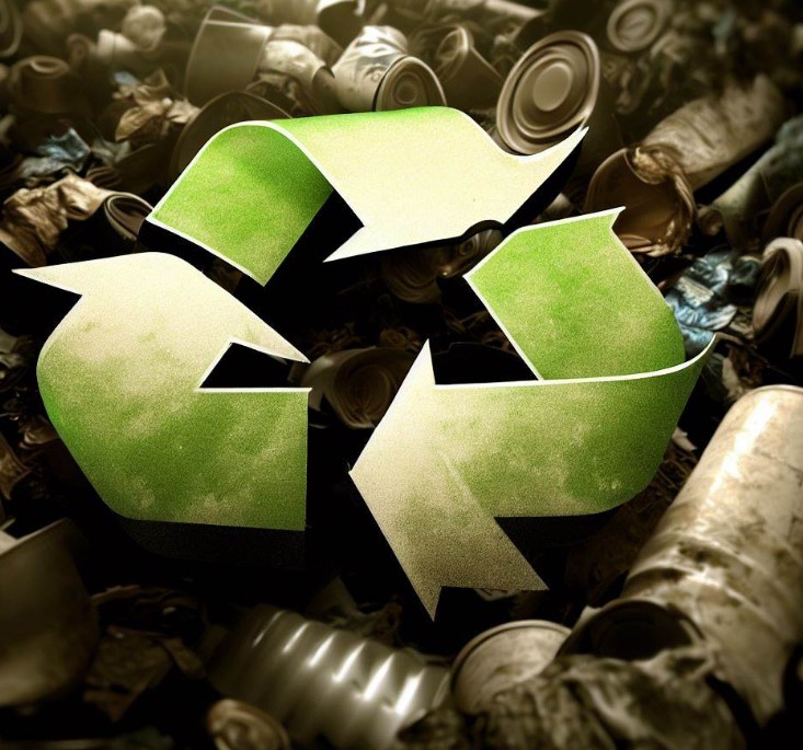 symbol recyklingu na tle zgniecionych puszek